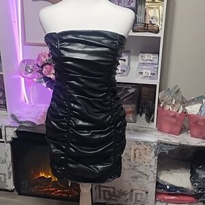 superdown Black Ruched Faux Leather Mini Dress
